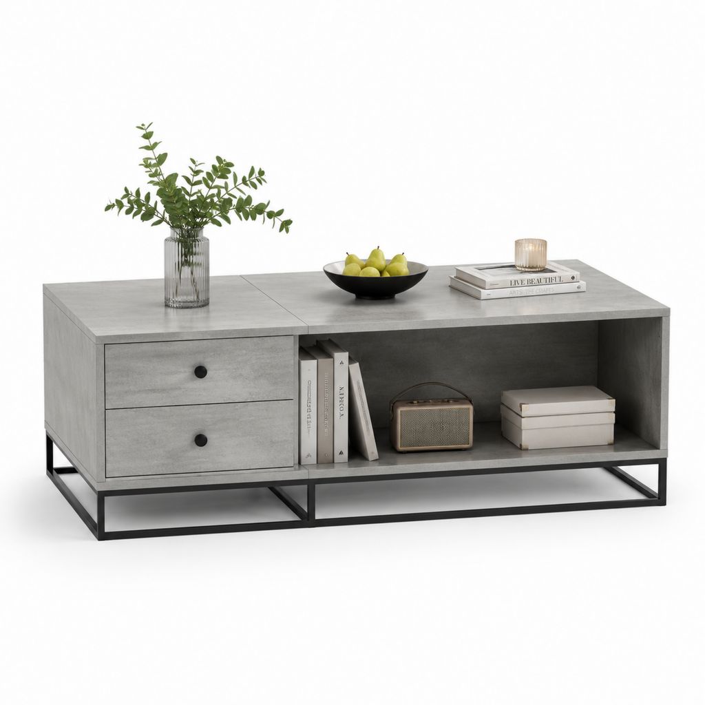 Couchtisch mit 2 Schubladen und offenem Fach Grau Schwarz Spanplatte Stahl rechteckig 120 x 60 x 45 cm