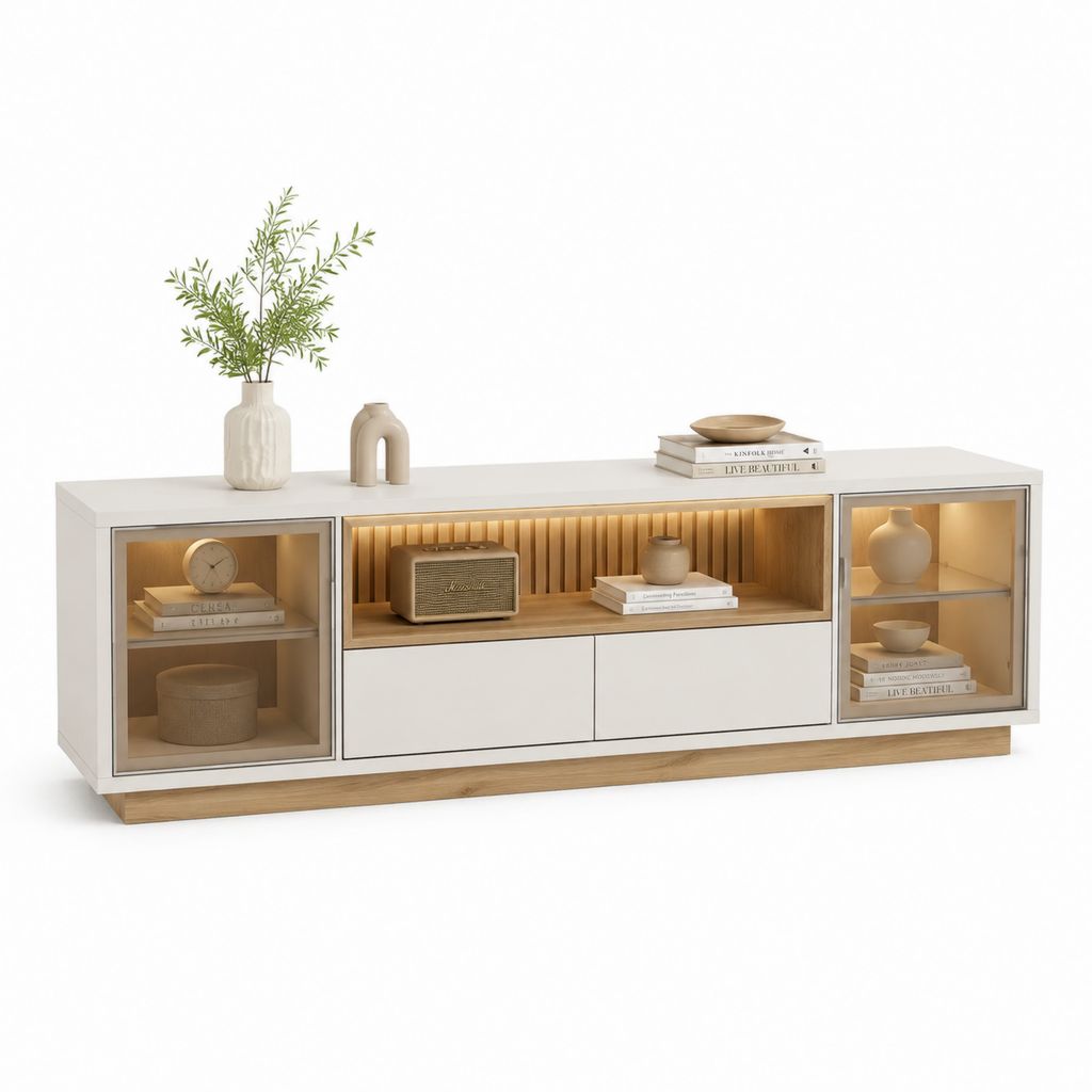 TV-Lowboard Weiß Eichenoptik MDF Rechteckig mit LED-Glasvitrinen 180 x 40 x 70 cm