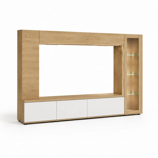 TV Wohnwand Eichefarben Weiß aus Spanplatte und Glas rechteckig 300 x 200 x 45 cm