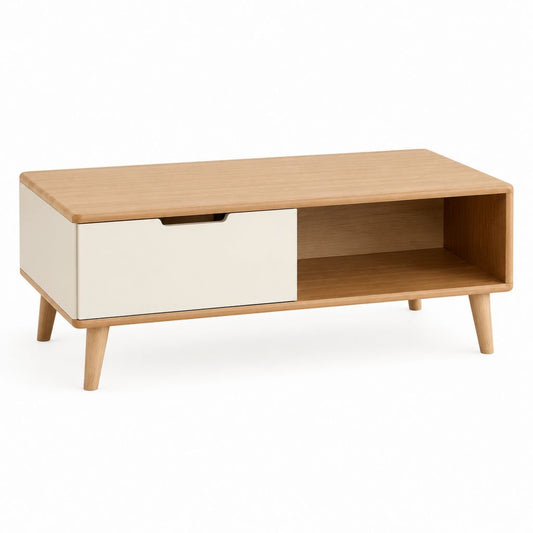 Couchtisch mit Schublade und offenem Fach Naturweiß Bambus MDF rechteckig 100 x 50 x 45 cm