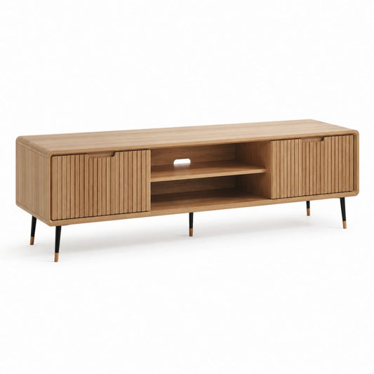 TV-Lowboard rechteckig Naturbraun MDF mit Walnussfurnier und Stahl 180 x 40 x 55 cm