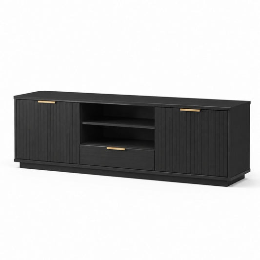 TV-Lowboard Schwarz Spanplatte Rechteckig 180 x 40 x 60 cm mit 2 Türen Schublade und offenen Fächern
