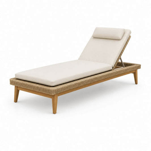 Gartenliege Beige mit massivem Teakholzgestell PE-Geflecht und verstellbarer Rückenlehne 200 x 70 x 35 cm